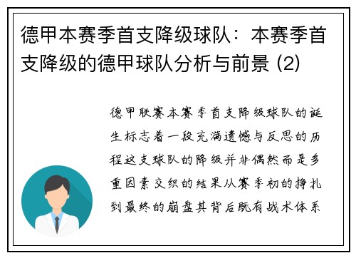 德甲本赛季首支降级球队：本赛季首支降级的德甲球队分析与前景 (2)